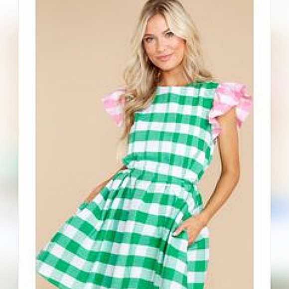 Aura Green And Pink Gingham Style Dress - Picture 8 of 8